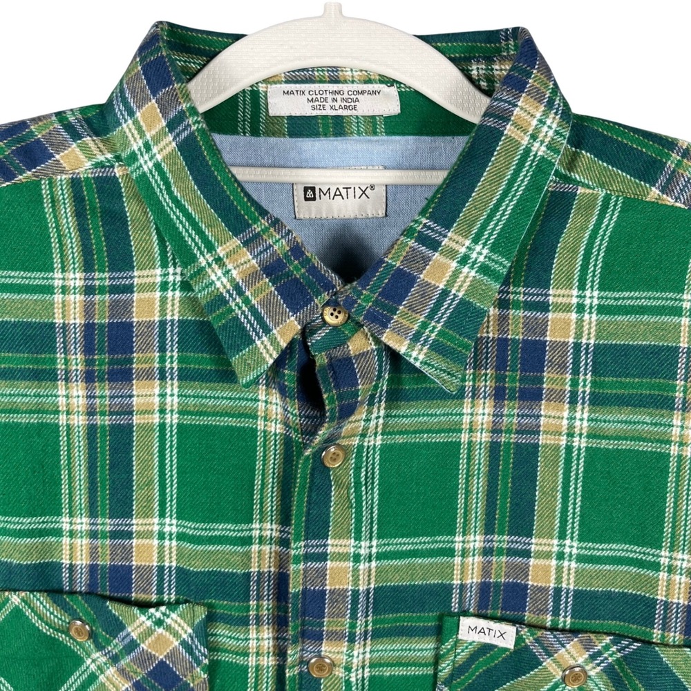 Matix Popshot Flannel Shirt Mens XL Green Plaid Slim Fit Long Sleeve Snap Pocket